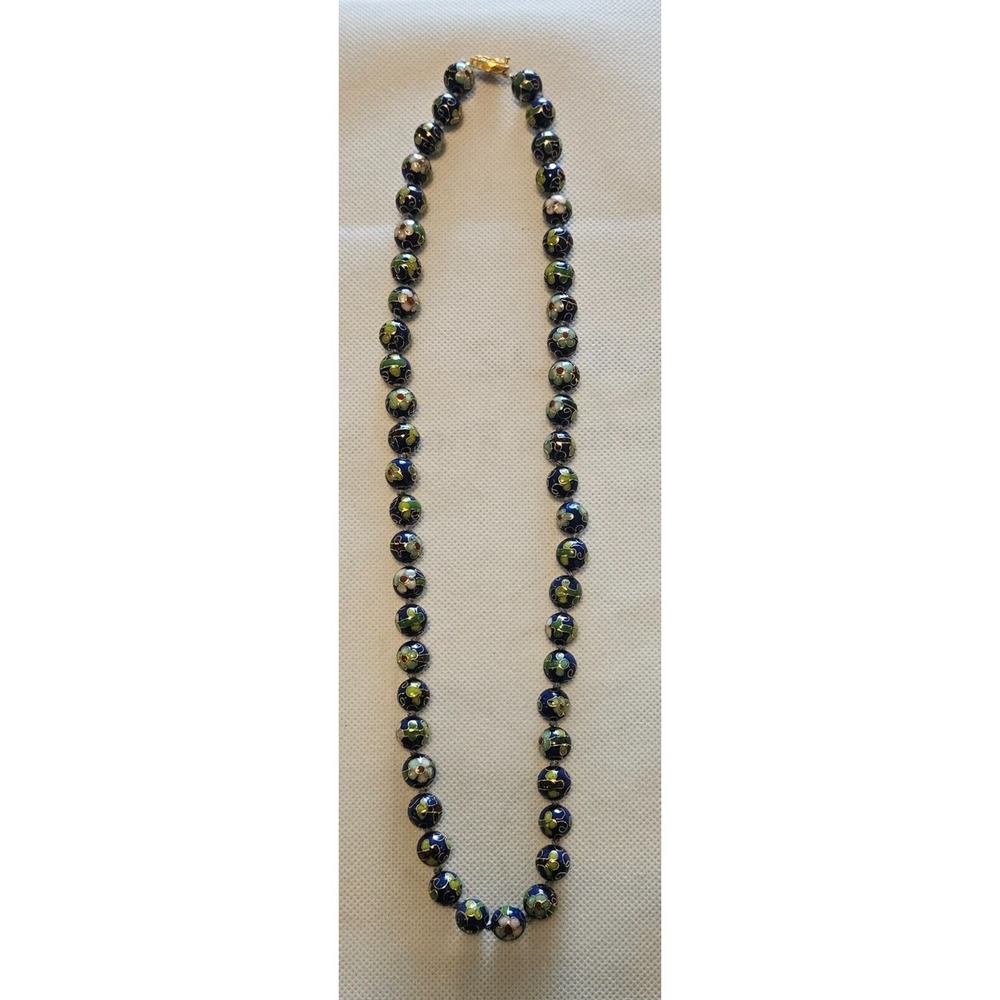 VINTAGE CHINESE‎ CLOISONNE FLORAL ENAMEL 10mm BEAD HAND KNOTTED NECKLACE 20 inch